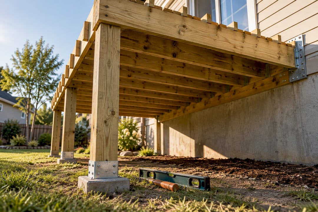 Framed residential deck in suburban backyard
