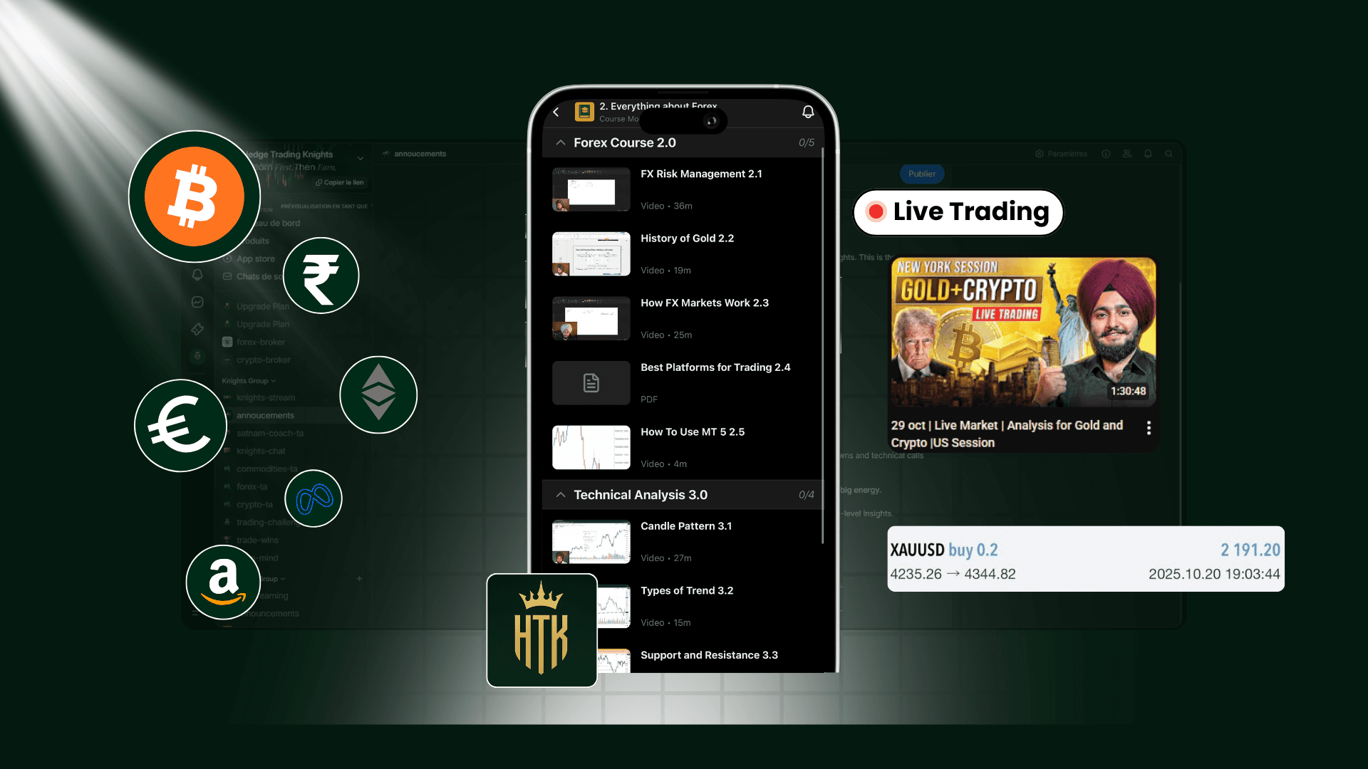Trading community imagen, with floating ticker pairs, live trading gold and crypto page