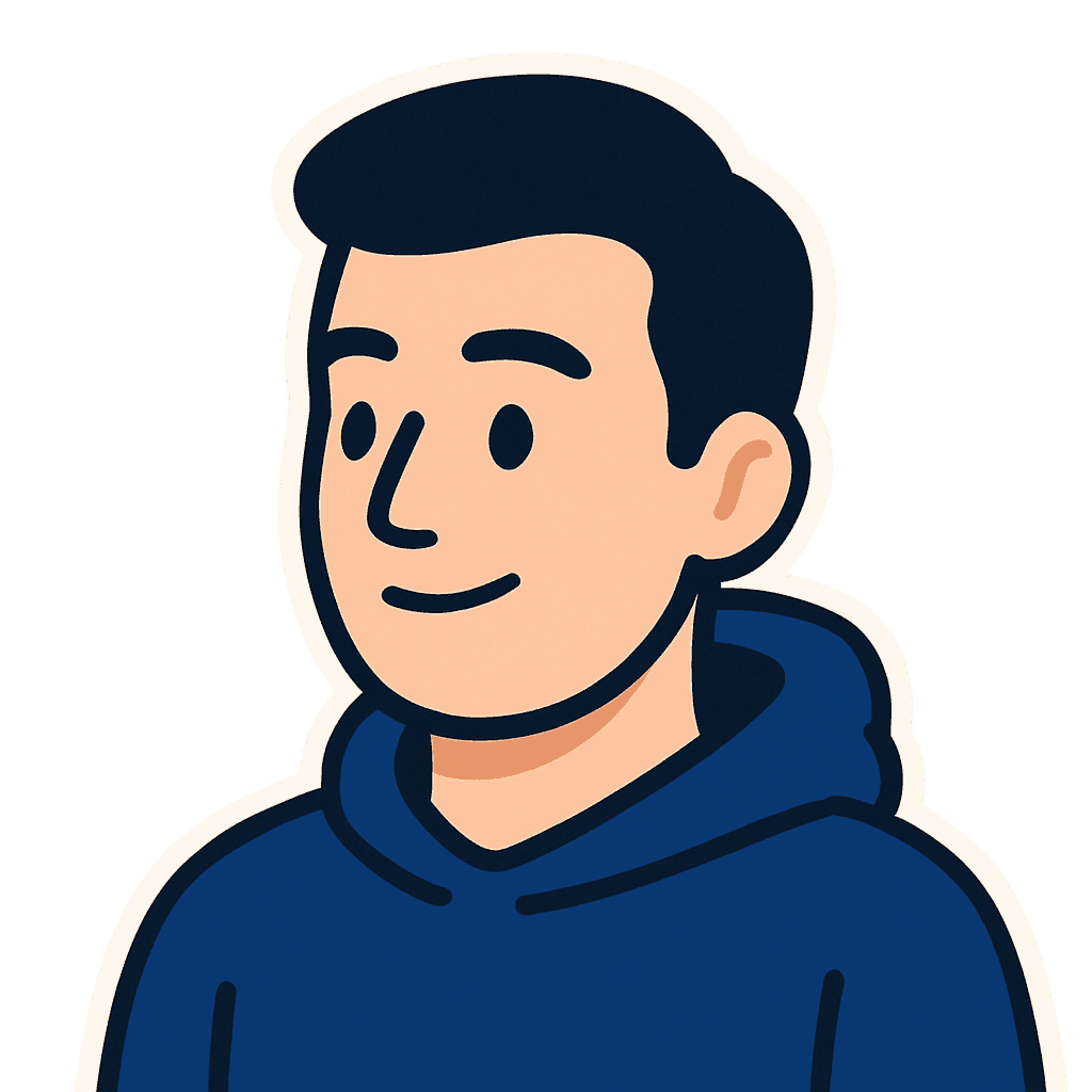 Portrait of a modern designer with dark hair, glasses, and a beige sweater in a soft minimal studio setting.