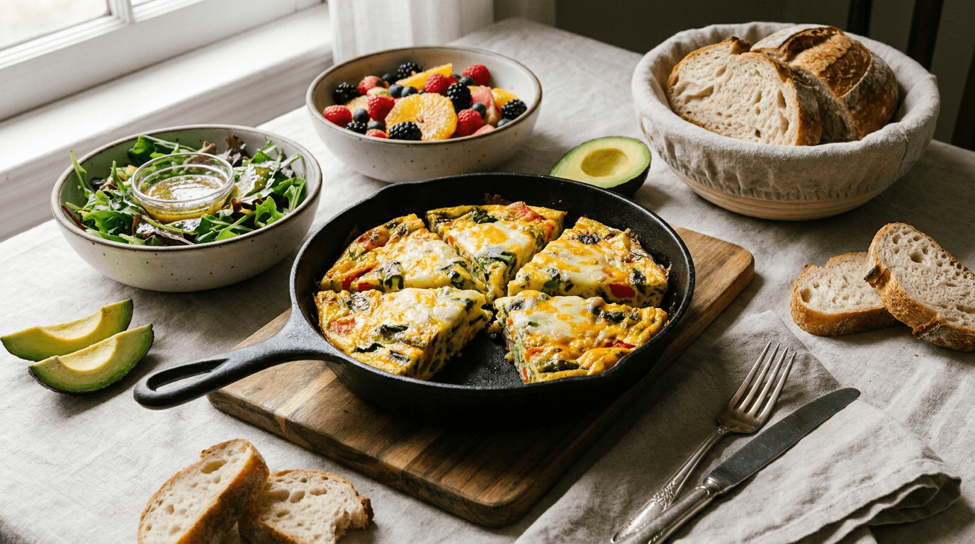 Farmhouse frittata recipe served with green salad, fruit salad, and crusty bread