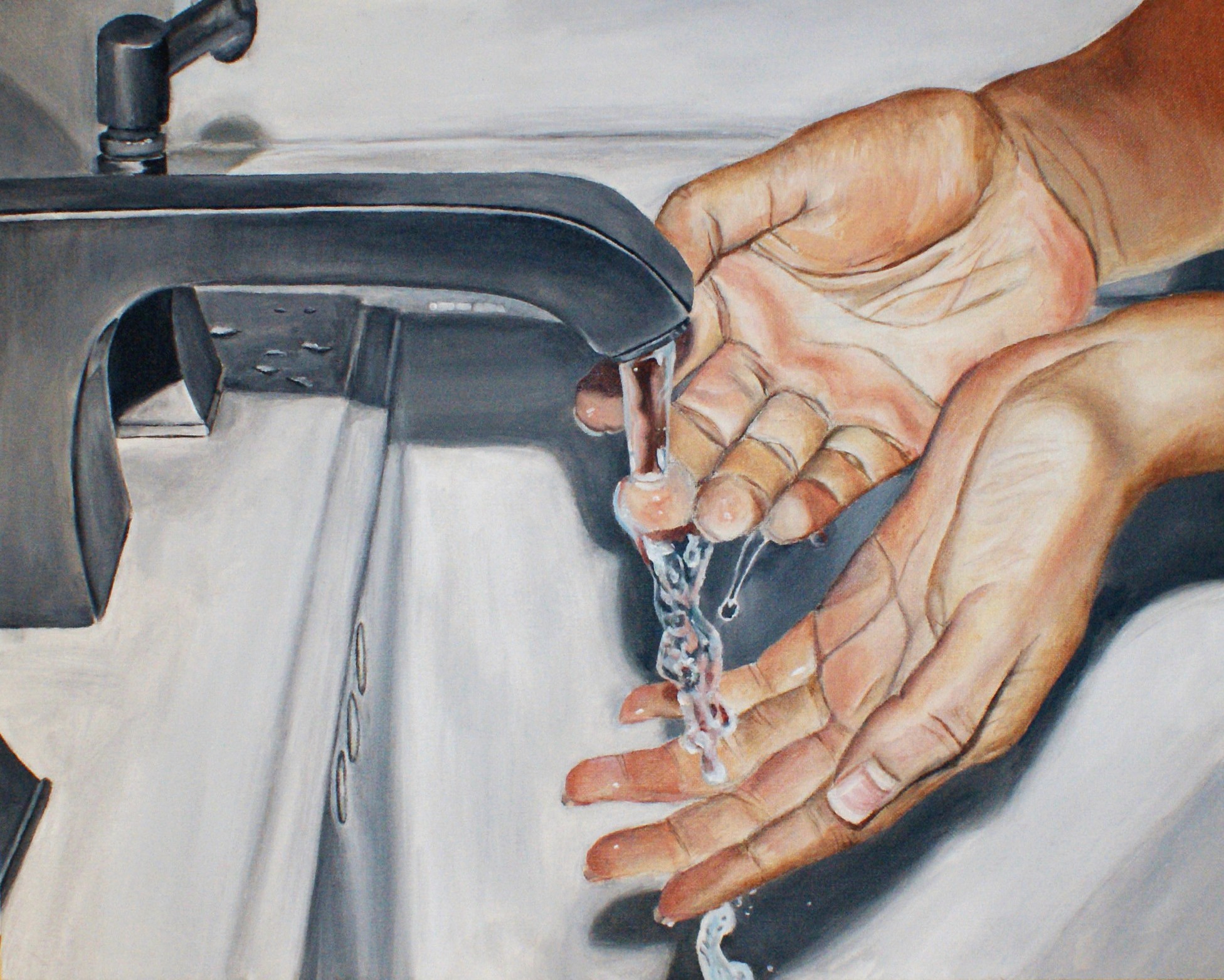 Painting of a person washing their hands