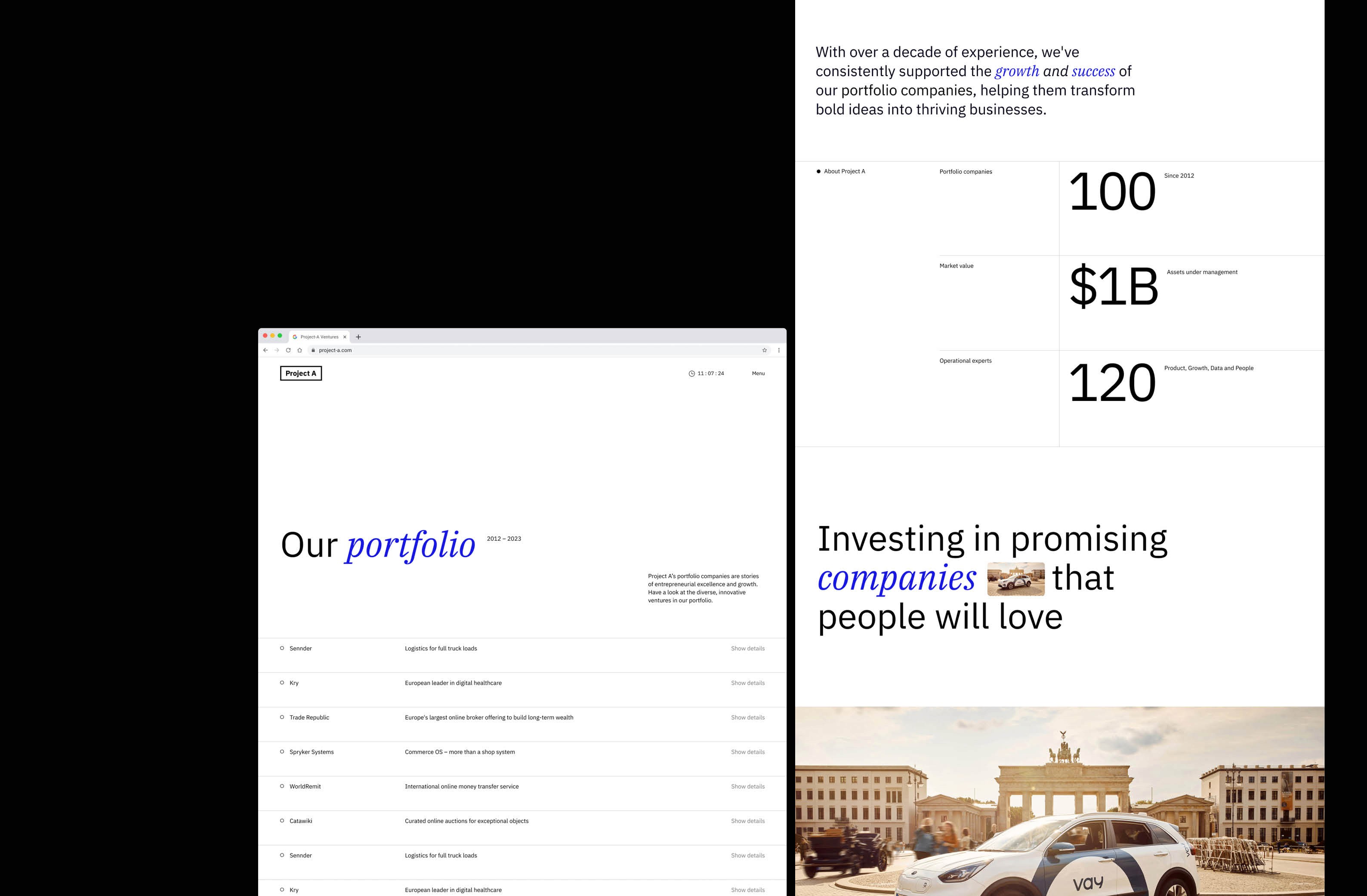 Portfolio showcase highlighting successful investments and company growth statistics.