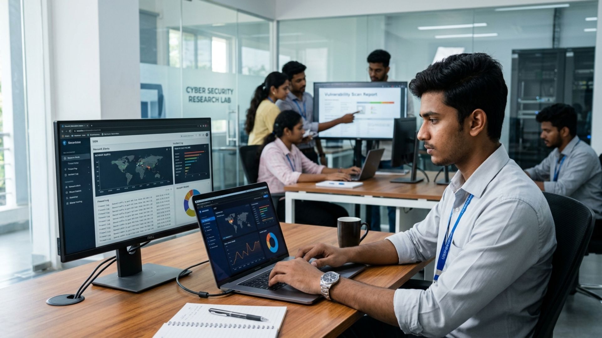 Student working on cyber security analysis in a research lab while exploring cyber security engineering scope