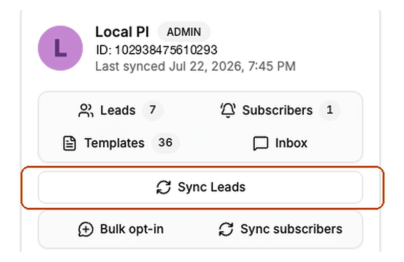 A connected Facebook page row showing Leads, Subscribers, Templates and Inbox counts, with the Sync Leads button highlighted.