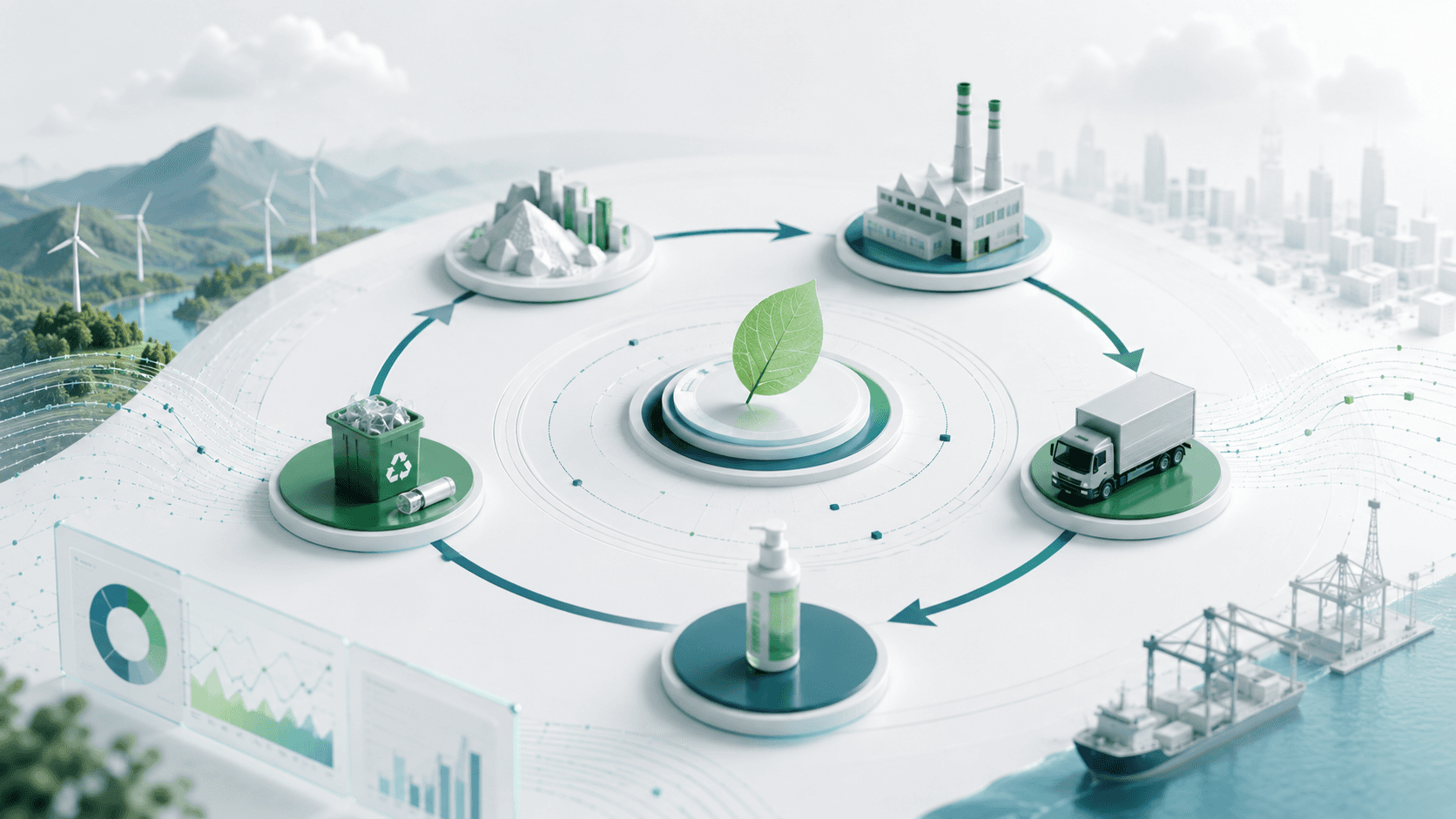 Illustrazione digitale del ciclo di vita di un prodotto sostenibile, con le fasi di produzione, trasporto, utilizzo e riciclo collegate da frecce circolari, che unisce elementi industriali, dati ESG e la natura al centro.