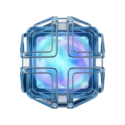 Glowing glass cube in metallic cage