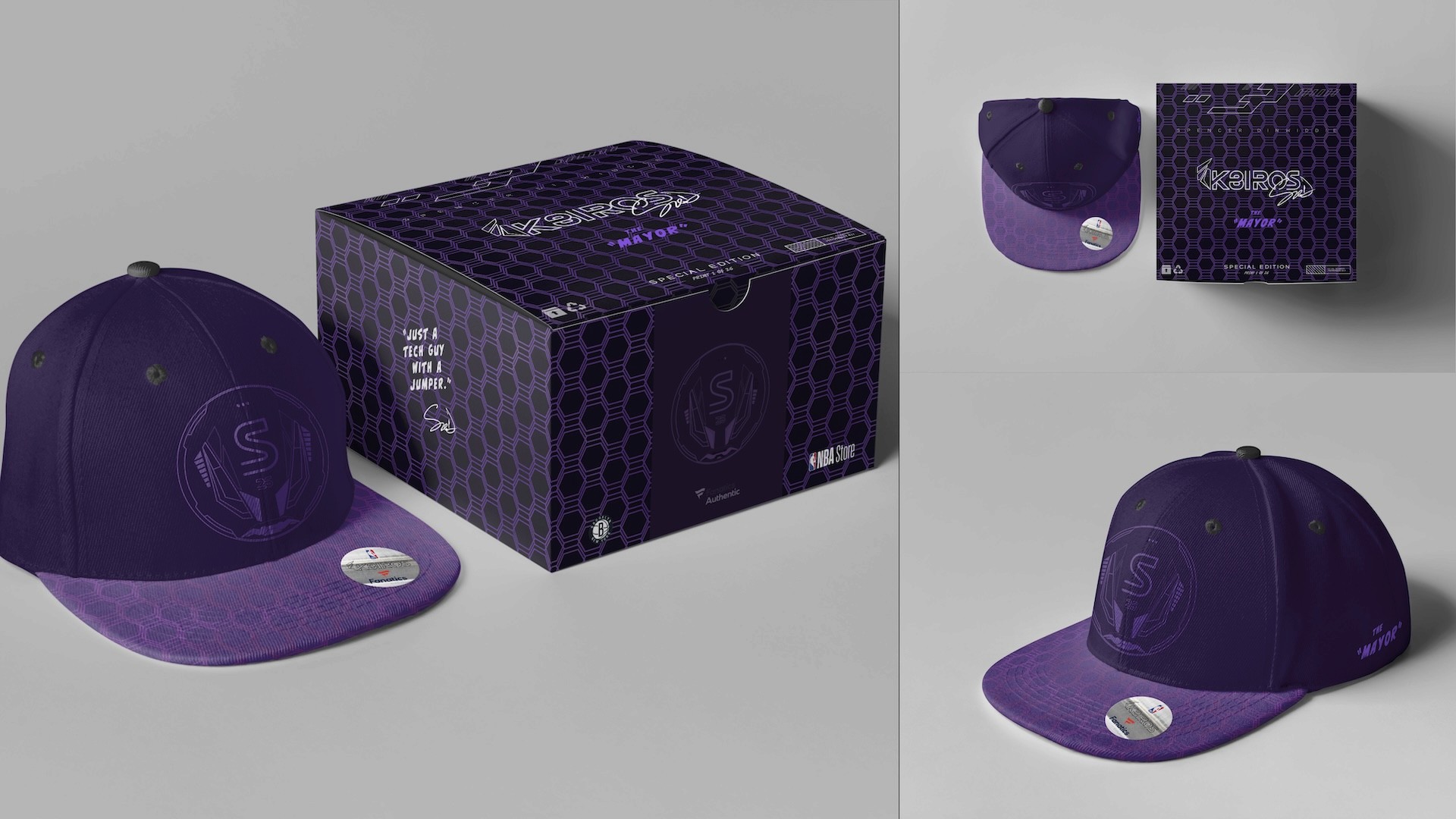 Spencer Dinwiddie K8IROS The Mayor purple snapback collection showing two-tone hat with S25 crest, hexagon box packaging, and detail views
