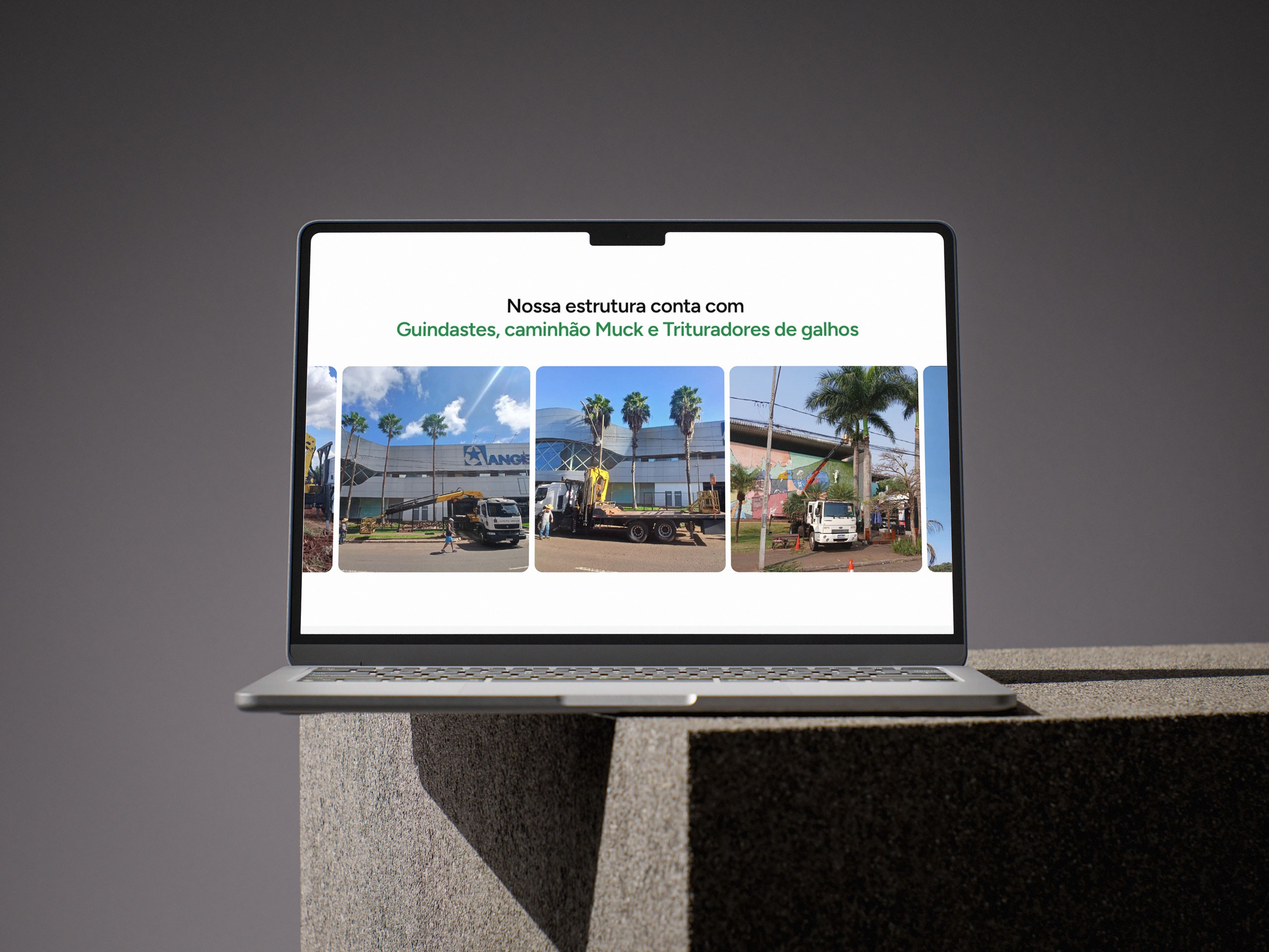 Pagina sobre nós site MB Podas em um notebook