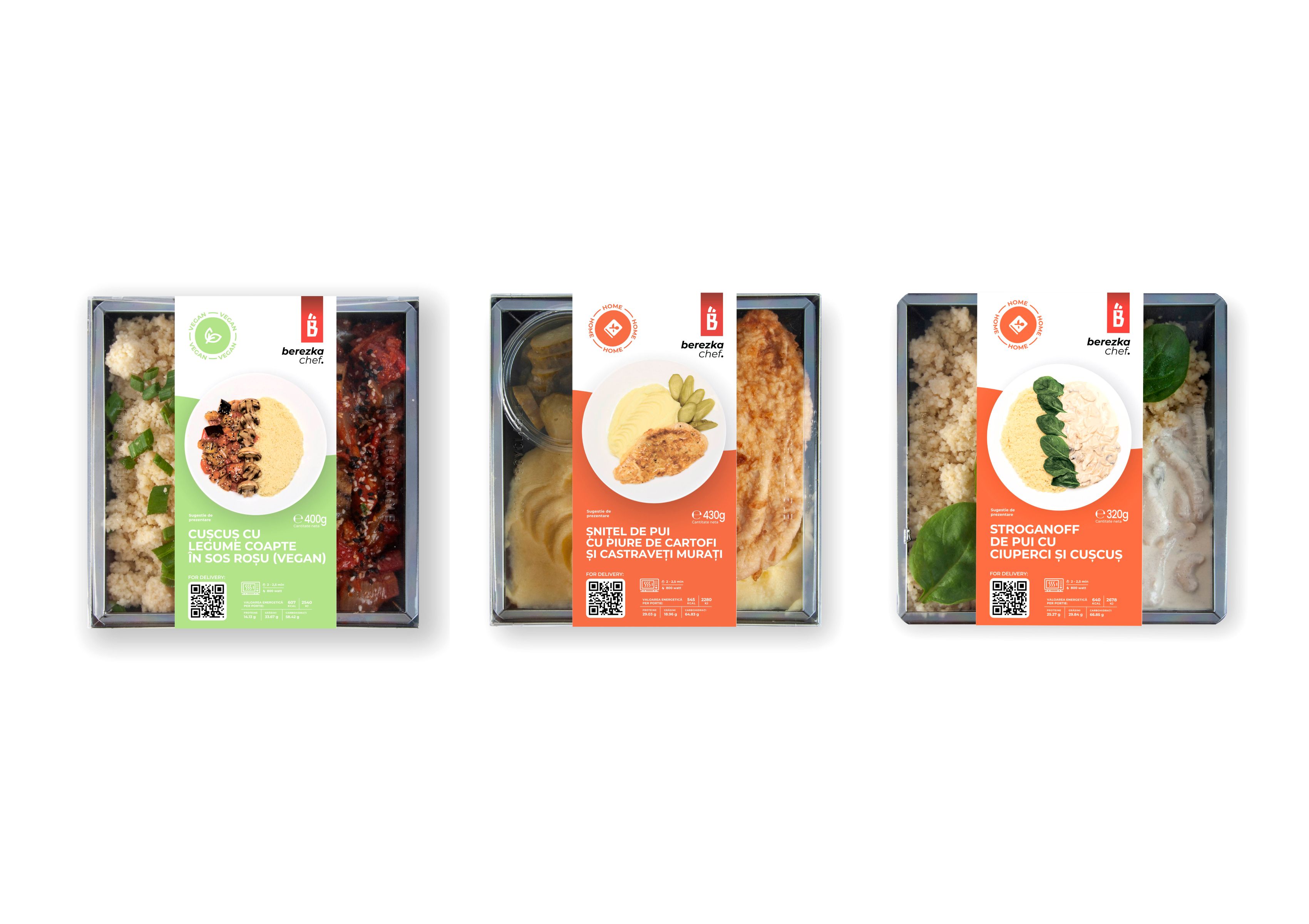 Berezka Chef ready-meal packaging — couscous with roasted vegetables, chicken schnitzel with mashed potatoes, and chicken stroganoff. Front labels with color-coded design.