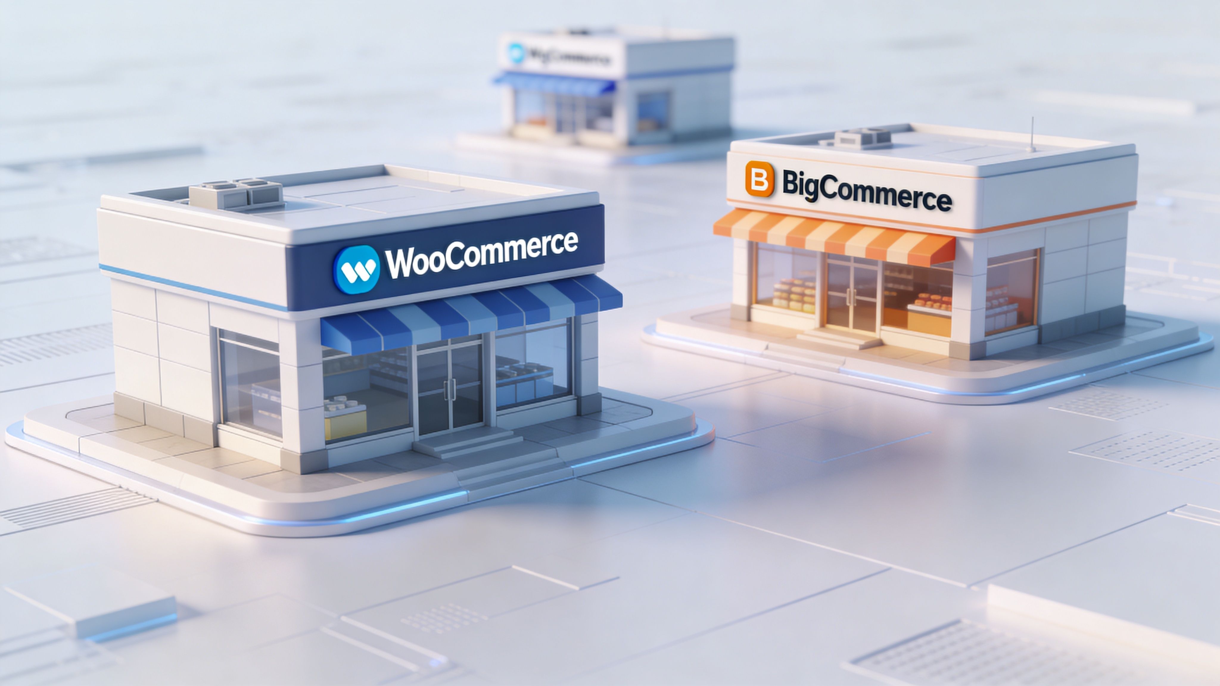 A 3D isometric representation of ecommerce store buildings featuring WooCommerce, BigCommerce, and MyCommerce branding on a digital surface.