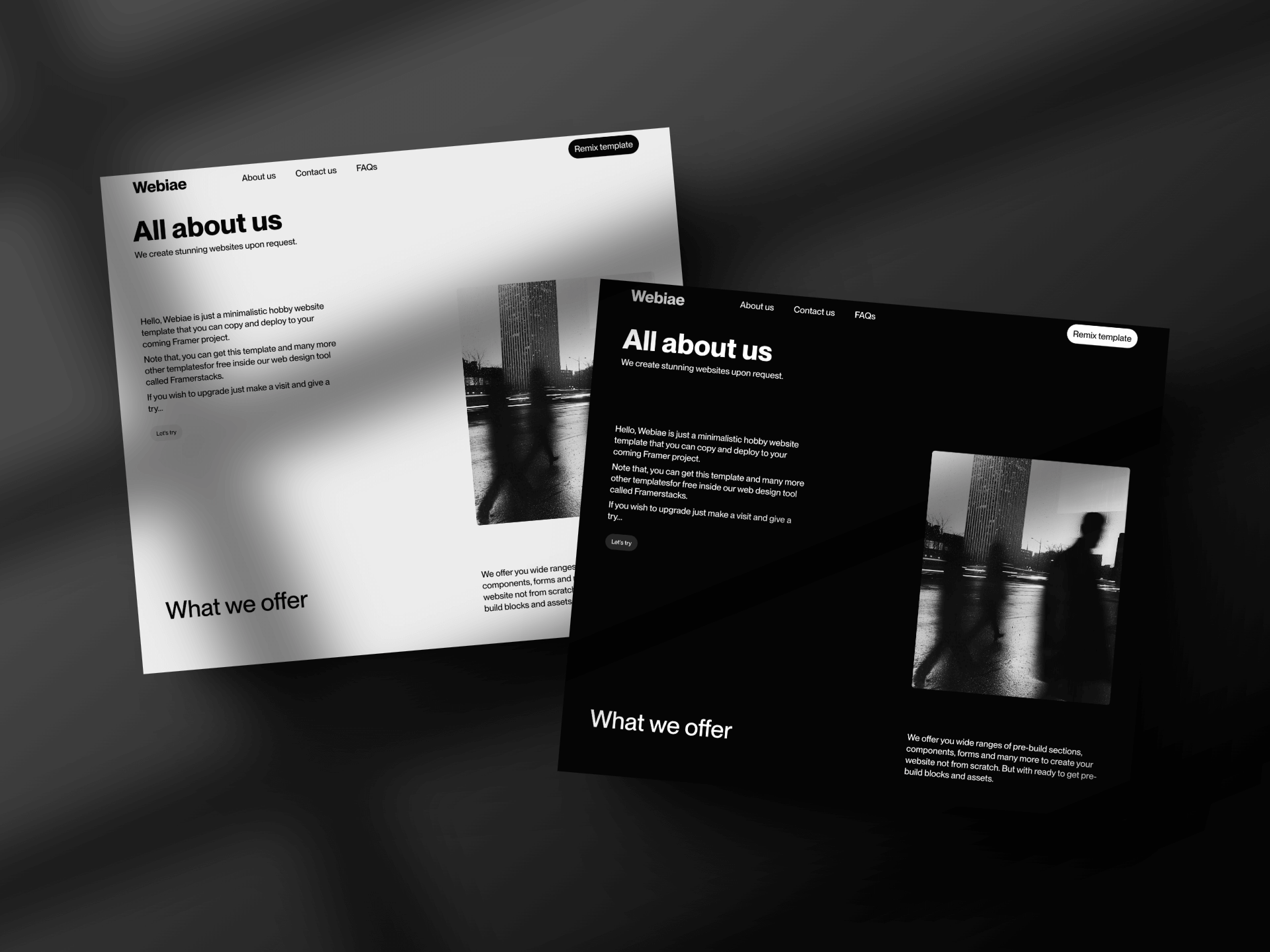 webiae, a dark and light themed website template made in framer. This is webiae about us page mockup.