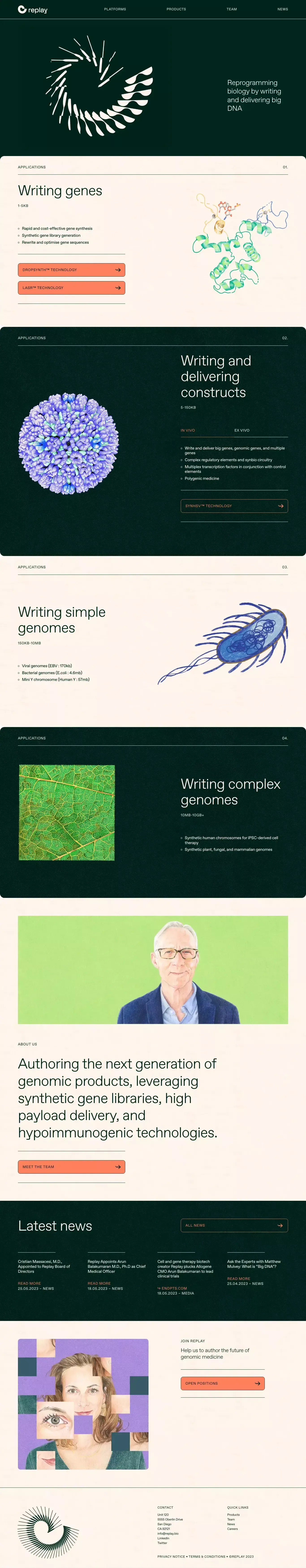 Replay landing page screenshot showcasing Medical and Tech design