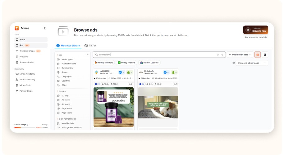 Minea “Browse Ads”&nbsp;