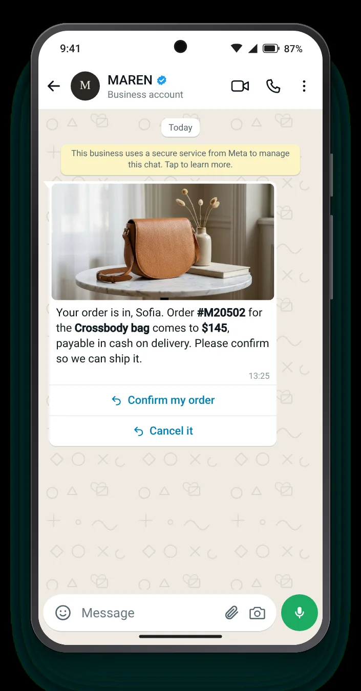 Two buttons before dispatch: WhatsApp COD confirmation on an Android phone