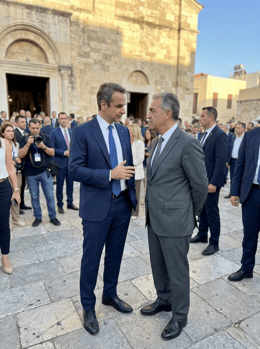 Generated image showing Kyriakos Mitsotakis and Myron Chiletzakis at a public event.