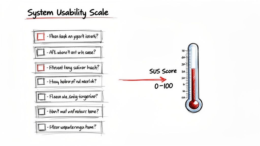 A System Usability Scale checklist with two marked items, pointing to a thermometer displaying a SUS score.