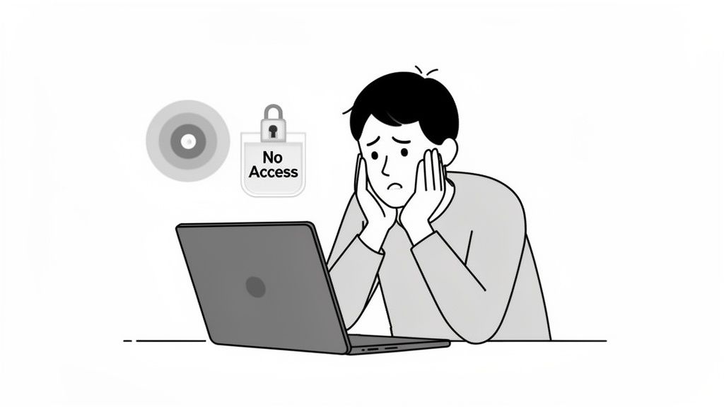 A frustrated person looking at a laptop screen with a 'No Access' message and a lock icon.