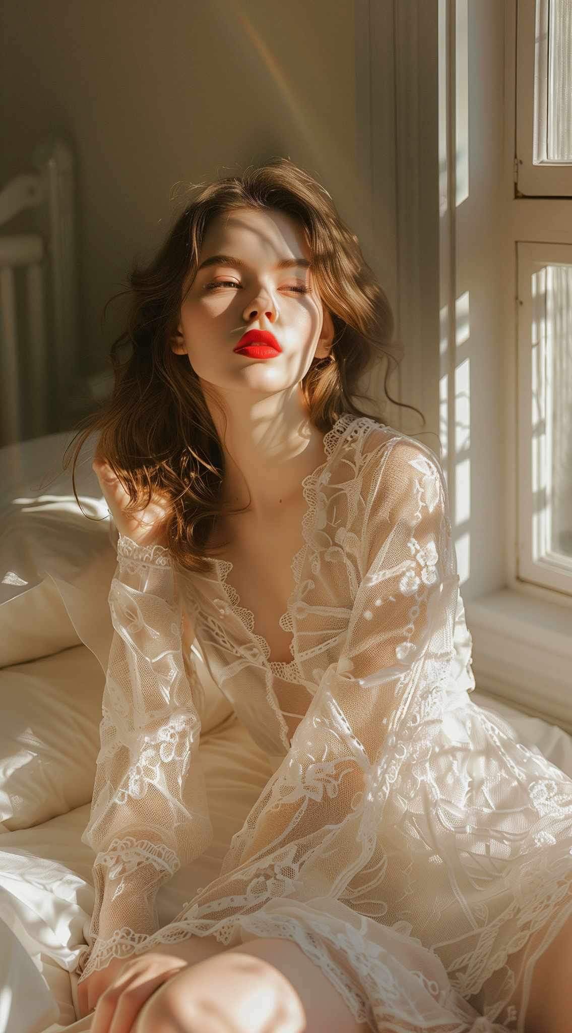 Woman wearing red lipstick on a sexy see-through dress sitting on a window with shadows on her face.