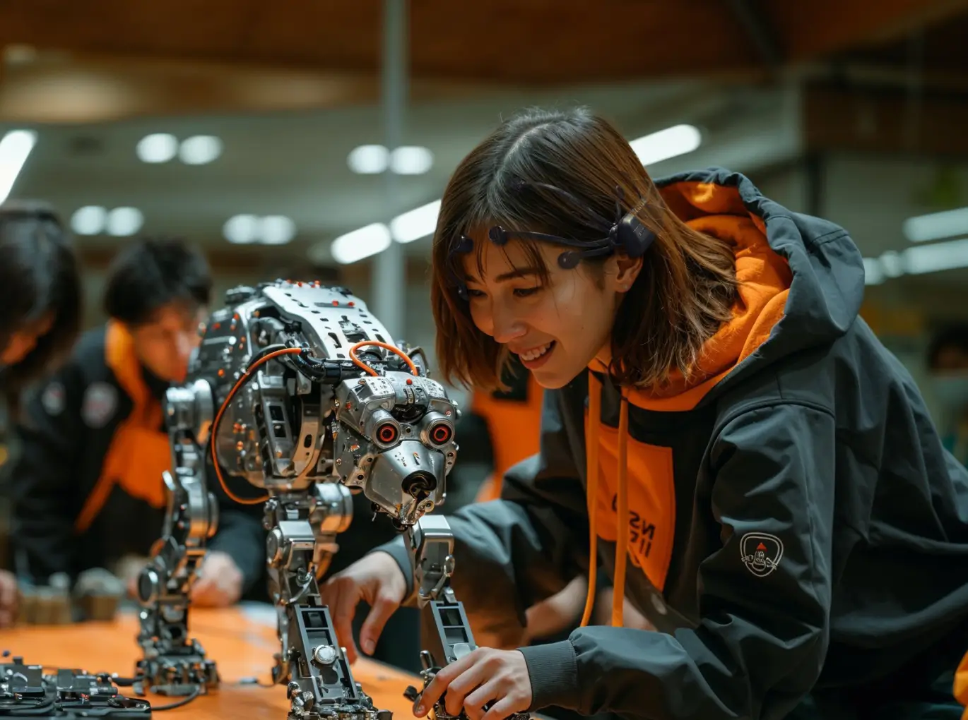 Person using an EEG headset to interact with a robotic quadruped during a neurotechnology demonstration. The scene illustrates real-world brain-computer interface applications in robotics and human-machine interaction.