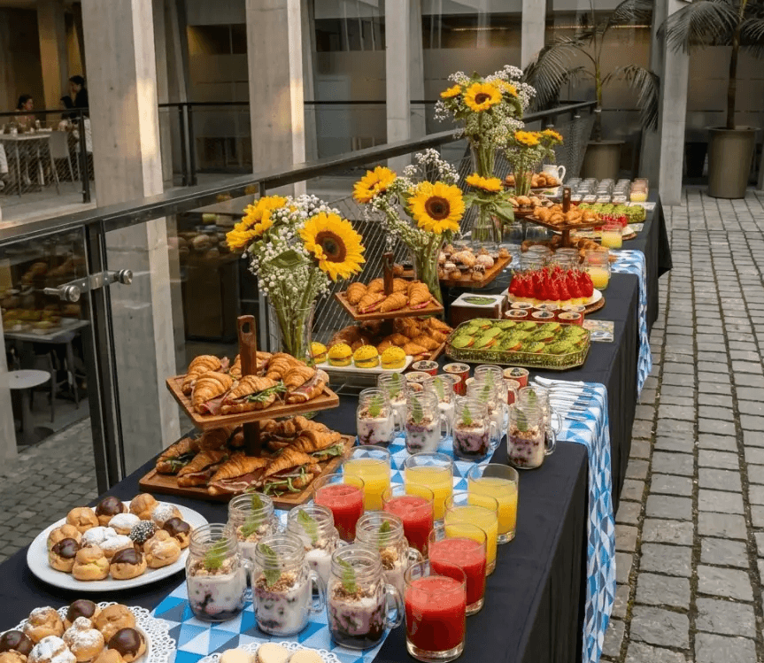 Coffee Break Saludable con brochetas de fruta fresca, jugos naturales y bocados integrales para eventos.