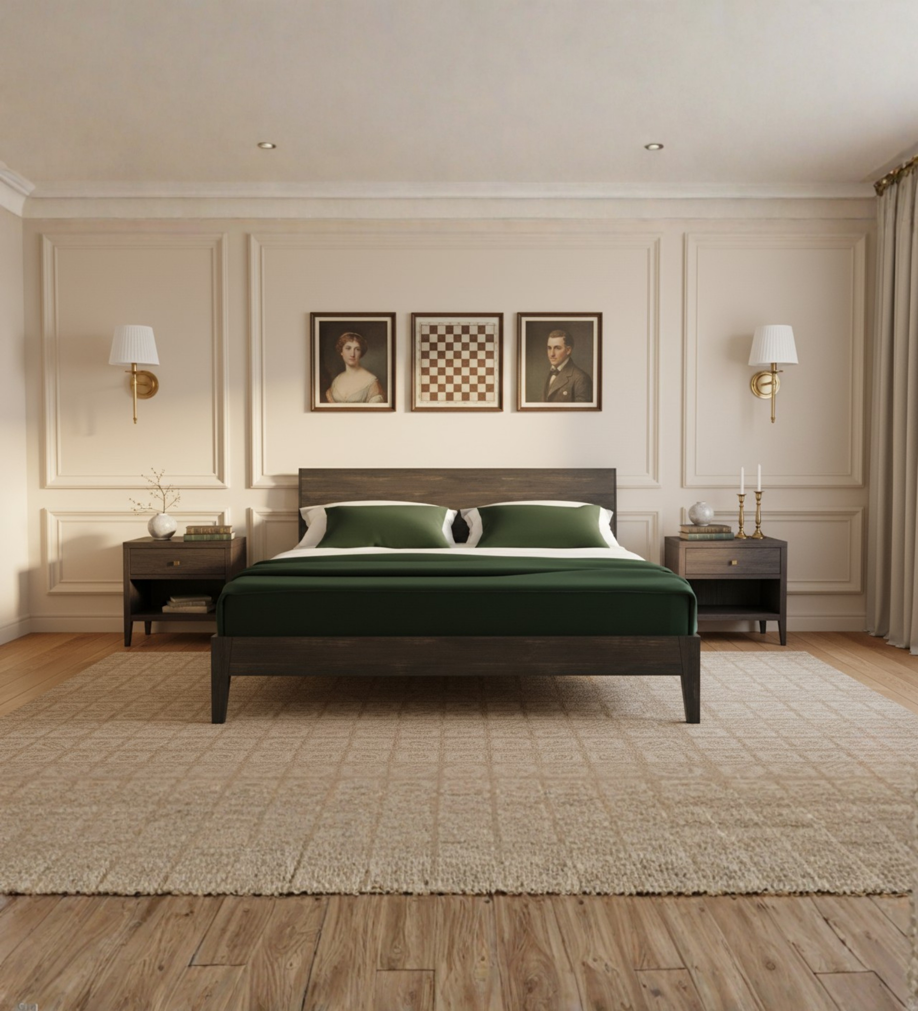 Black stained wooden bed with bold green bedding.