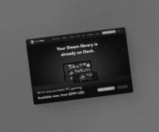 The image showcases a hero landing page for the Steam Deck Redesign Concept featuring a black, dark-themed design with the text "Your Steam library is already on Deck," highlighting its emphasis on portable PC gaming with a starting price of 399 USD.