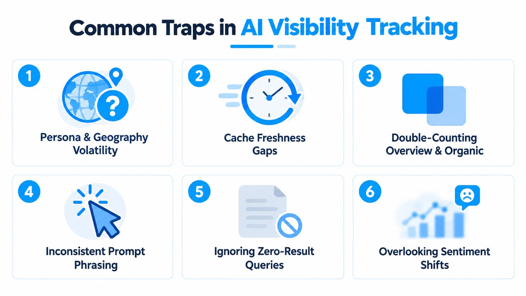 An infographic titled Common Traps in AI Visibility Tracking, listing six common mistakes businesses make when tracking AI performance.