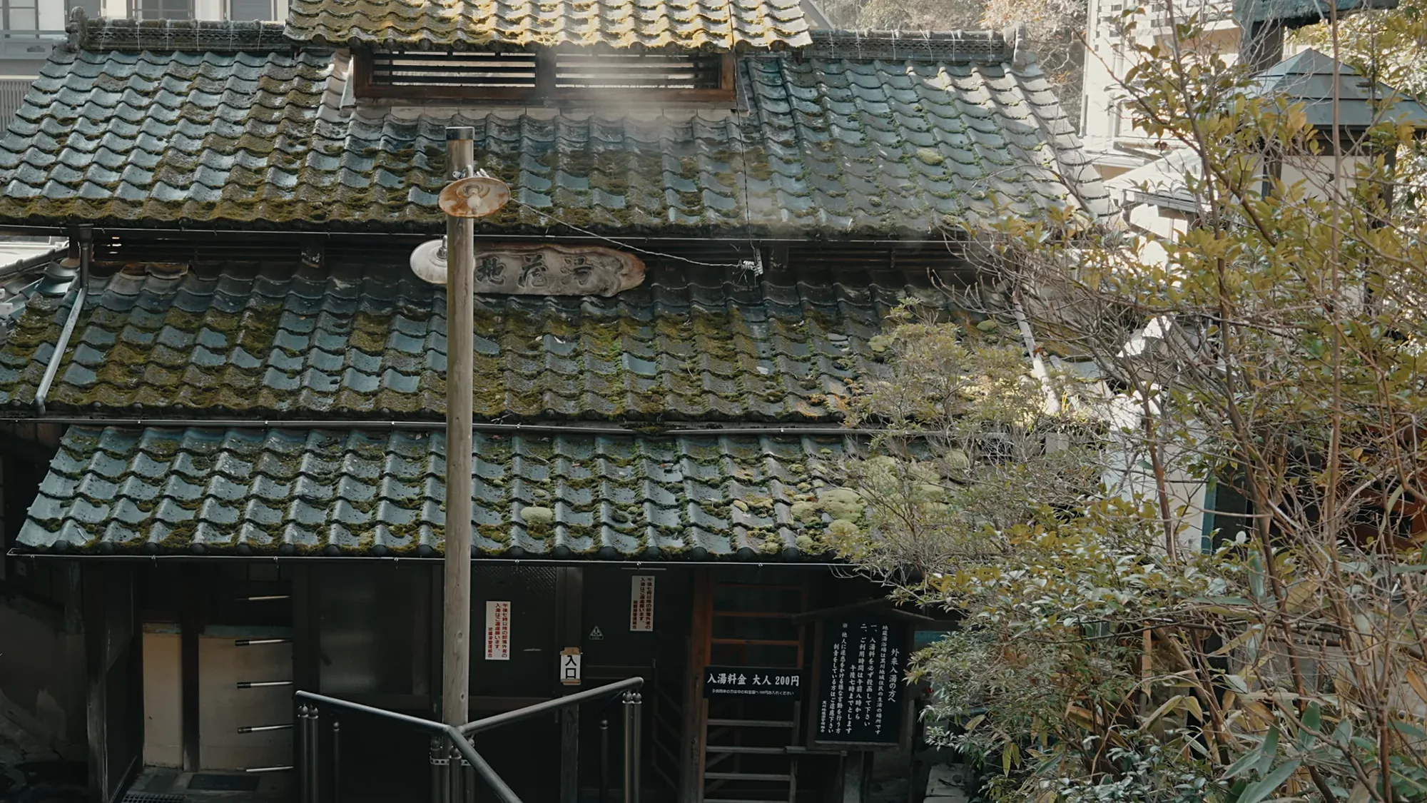 Tiled roofs at Kurokawa Onsen with the hillside rising behind