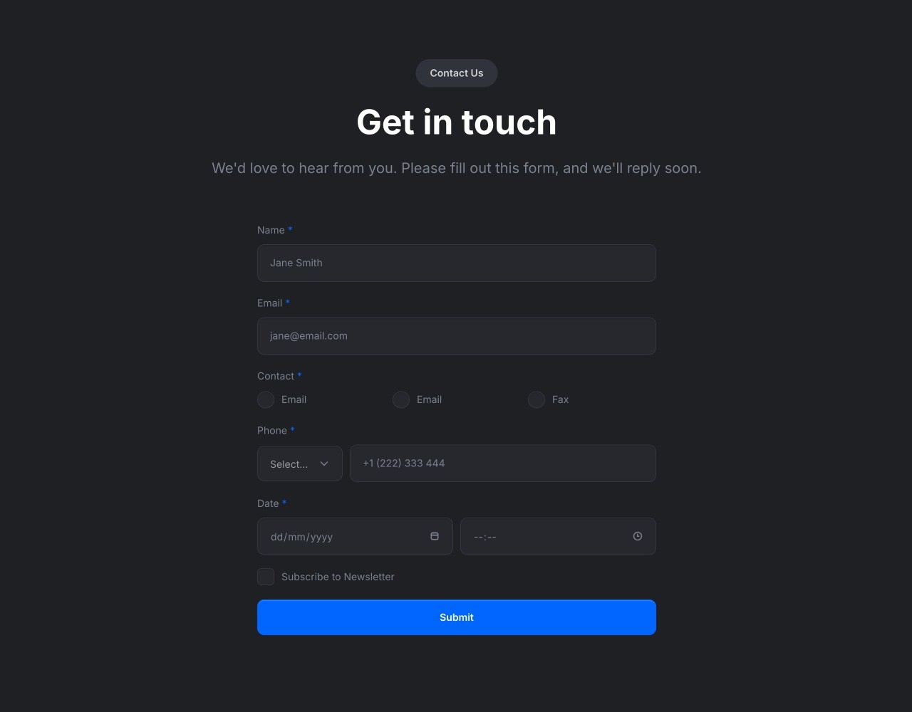 Framer Dark Contact Section - Frameblox UI