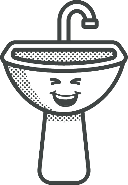 Cartoon sink with a happy face, smiling widely.