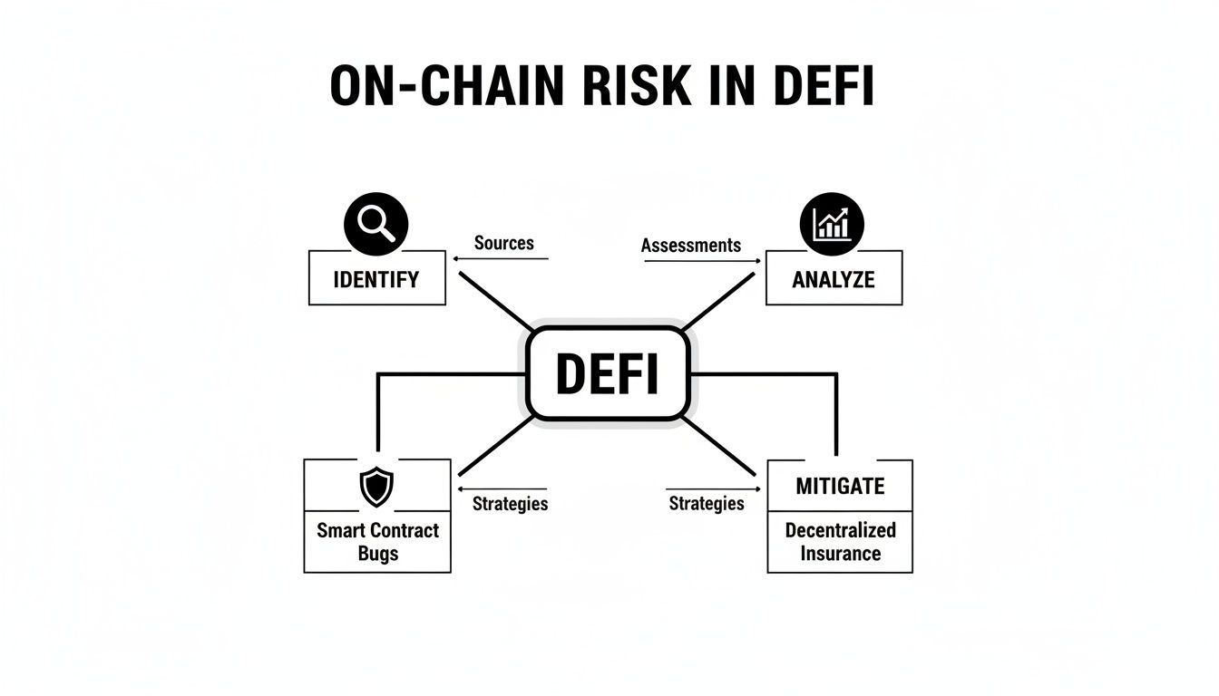 Diagram illustrating the on-chain risk management framework in DeFi, covering identification, analysis, and mitigation strategies.