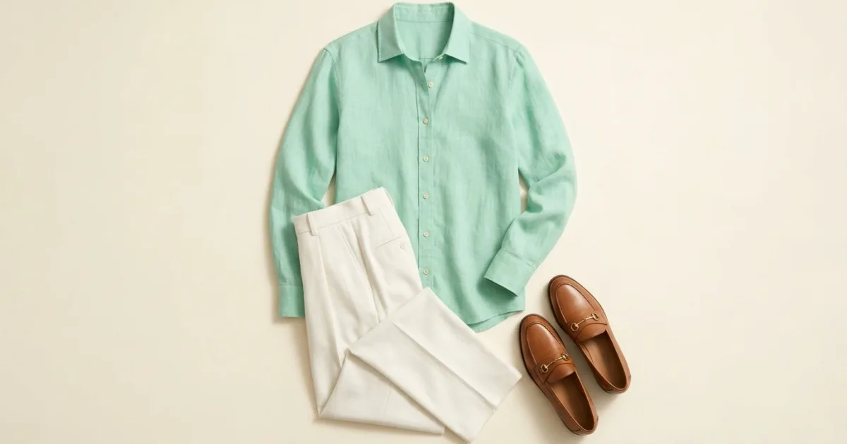 Mint green linen shirt shown with white tailored pleated trousers and tan leather loafers