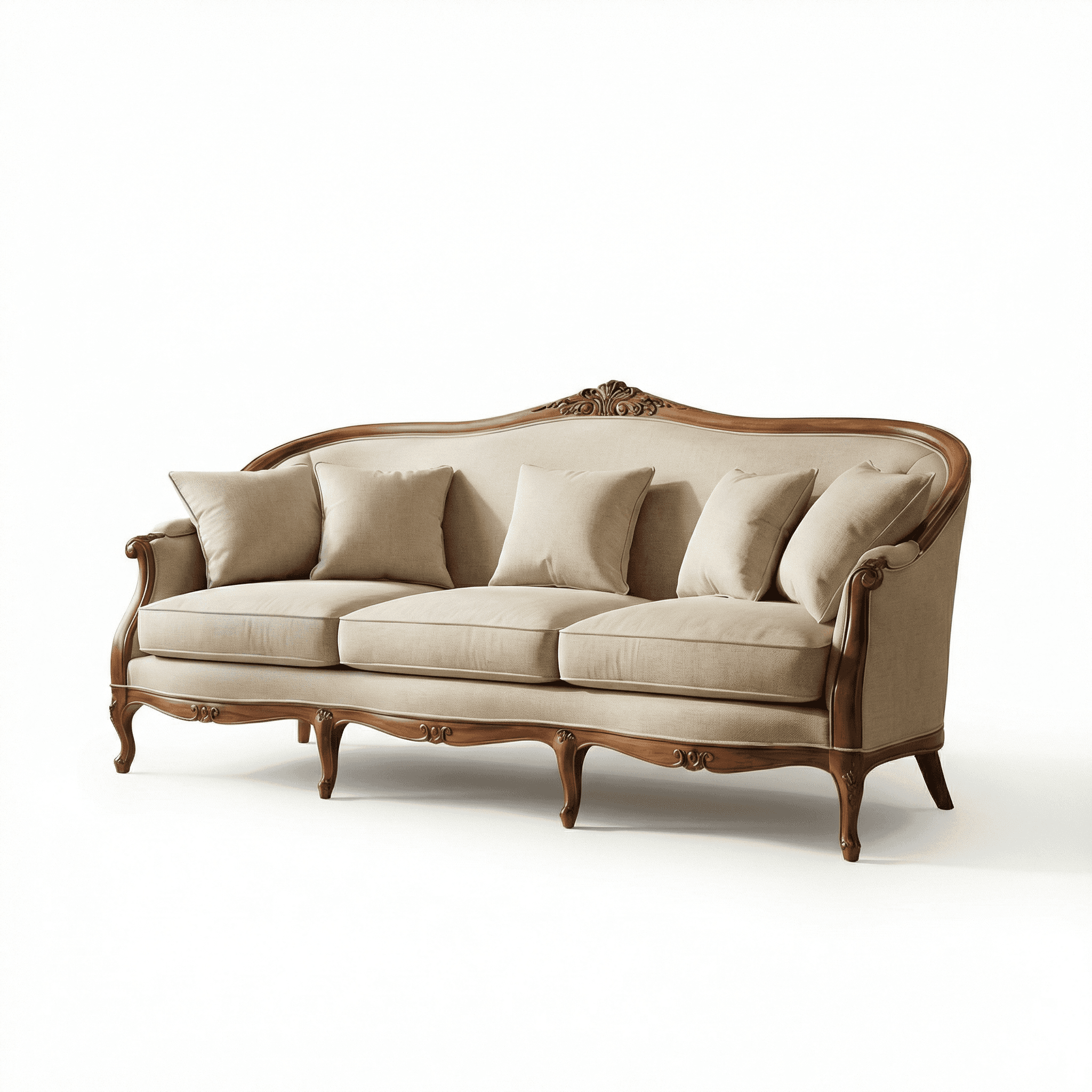 Classic upholstered sofa with curved wooden frame, soft cushions, and refined detailing