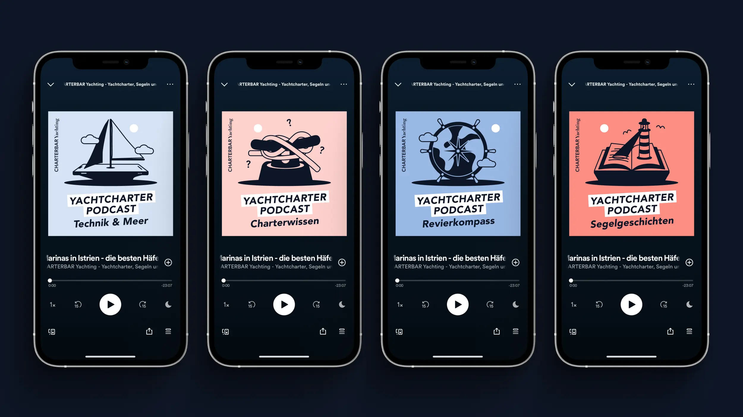 Vier Smartphone-Mockups mit Podcast-Covern von CHARTERBAR Yachting zu Themen Technik & Meer, Charterwissen, Revierkompass und Segelgeschichten.