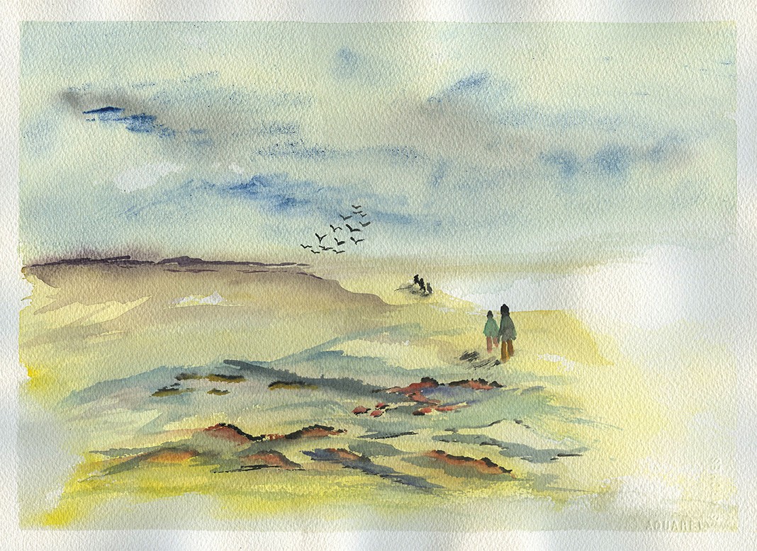 Morning beach Walk - 38/28cm - watercolour