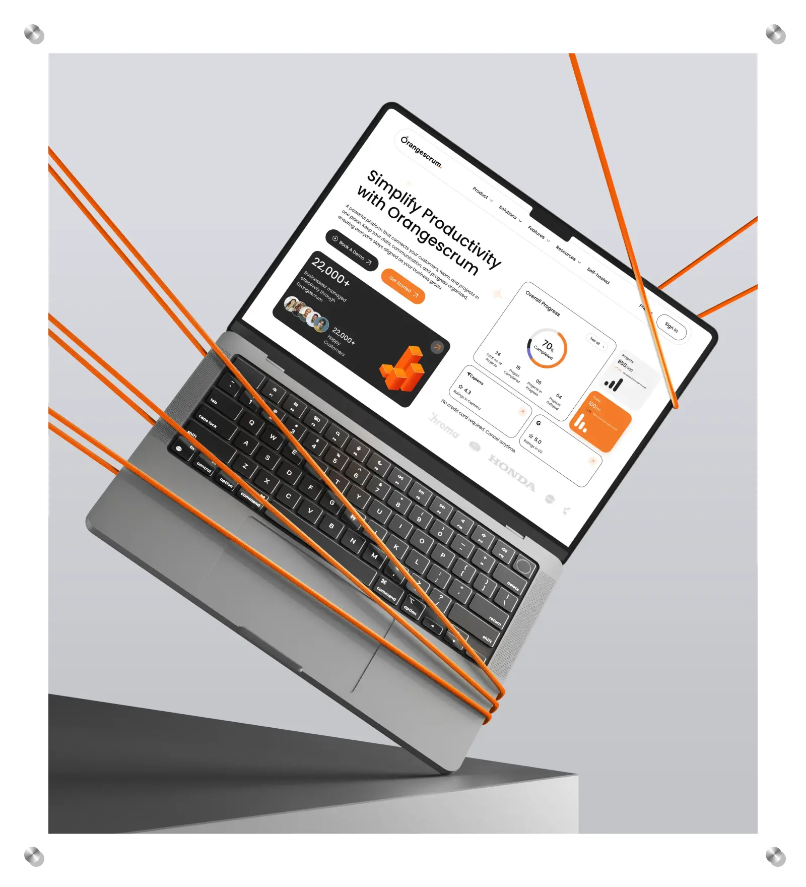 Orangescrum project management UI on laptop, demonstrating UI/UX design.