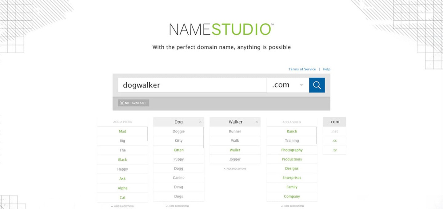 NameStudio domain search interface showing search results with available and unavailable domain suggestions
