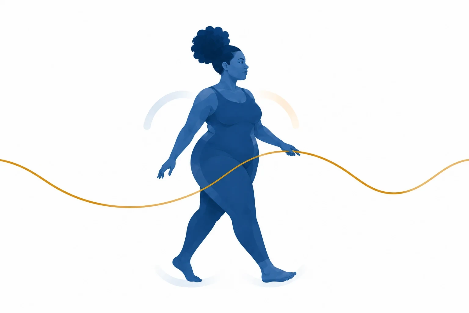 Figura feminina negra e curvilínea caminha acompanhando um fio dourado, representando o início da compreensão.