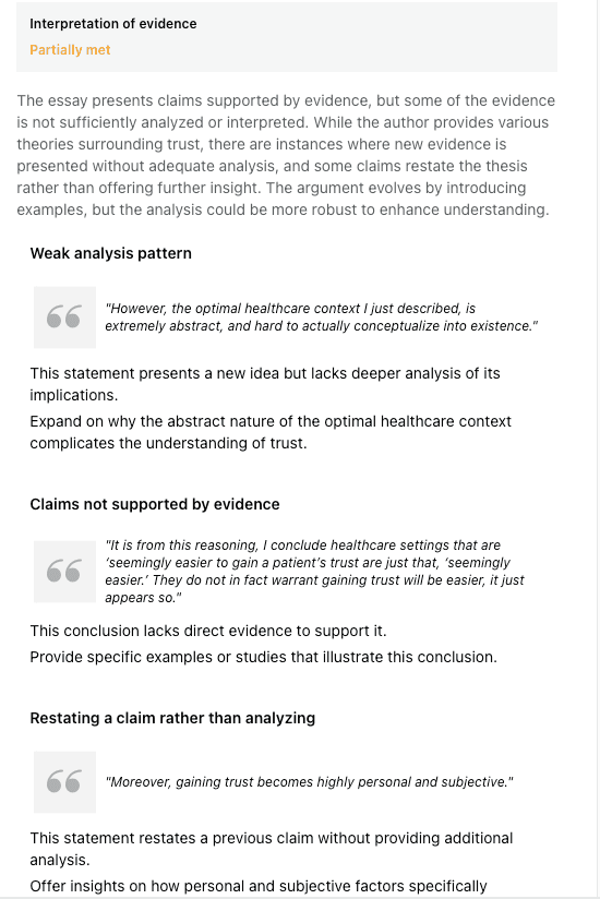 thesify feedback report highlighting a new idea in an essay about healthcare trust that lacks deeper analysis.
