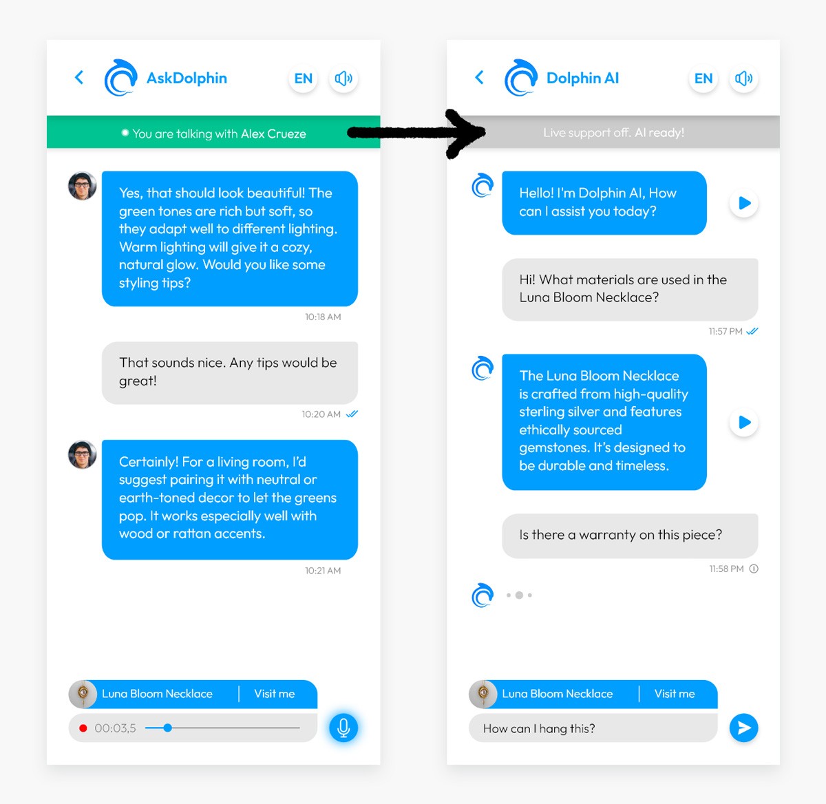 Comparison of AskDolphin live chat with a human operator and Dolphin AI chat, showing the switch from live support to AI responses.