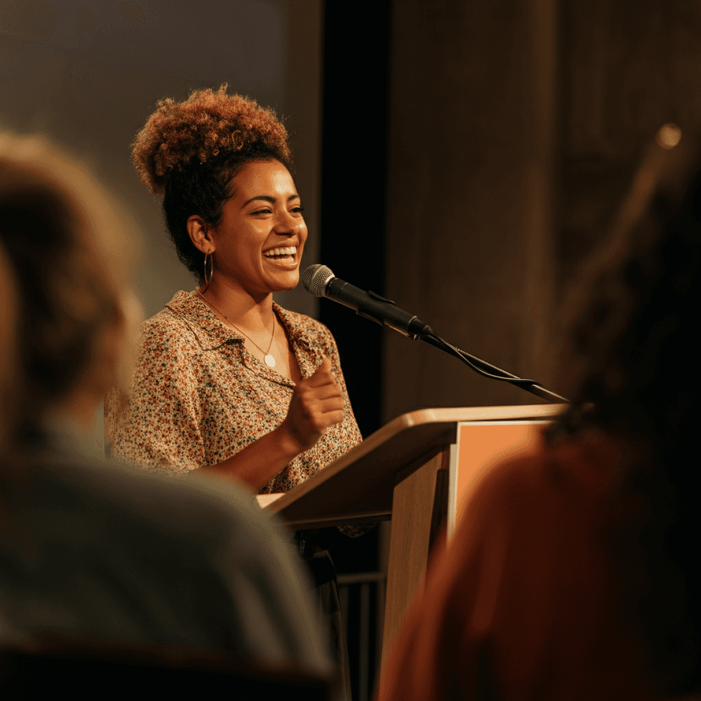 hero section background with plenty of space to the left out of focus; subject is a woman of color giving a speech from a podium with a smile and a laugh and confidence while others look on appreciatively