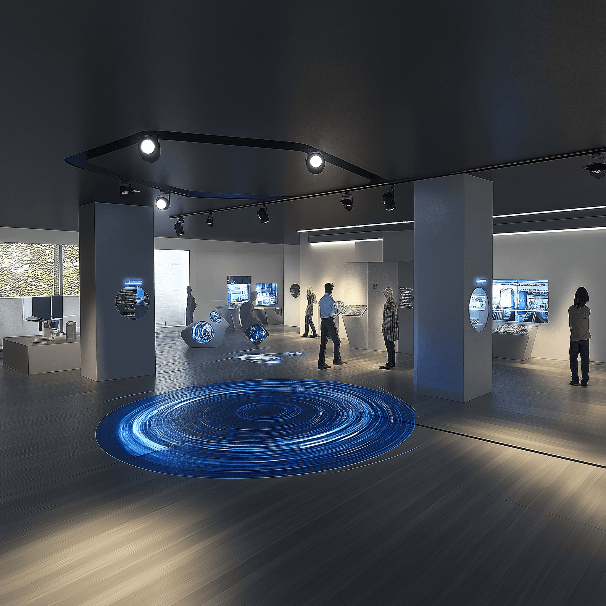 A modern, dimly lit exhibition space showcasing interactive digital displays and futuristic installations, including a central circular LED floor feature, with several people engaged with the exhibits.