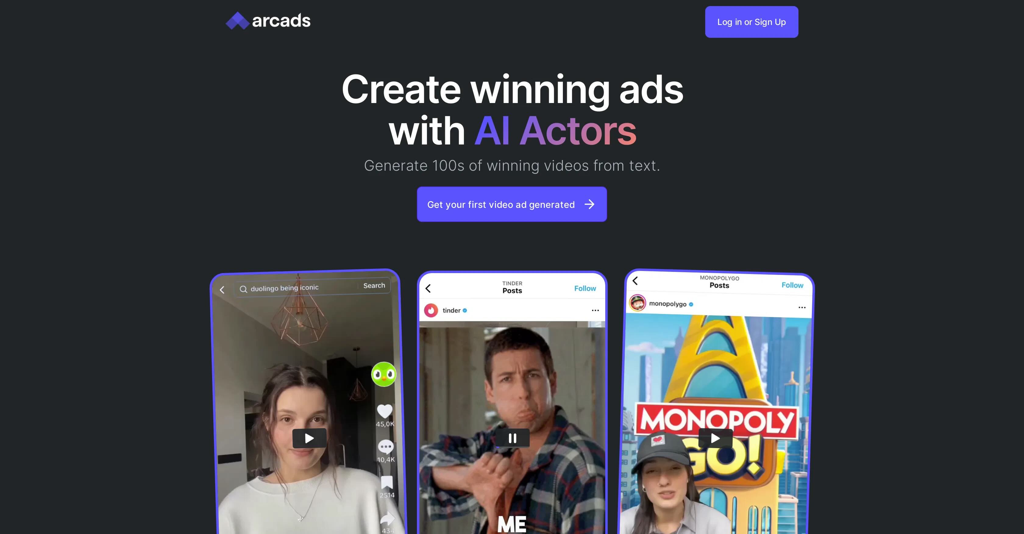 Arcads AI platform showing batch UGC ad variant generation with multiple AI actors