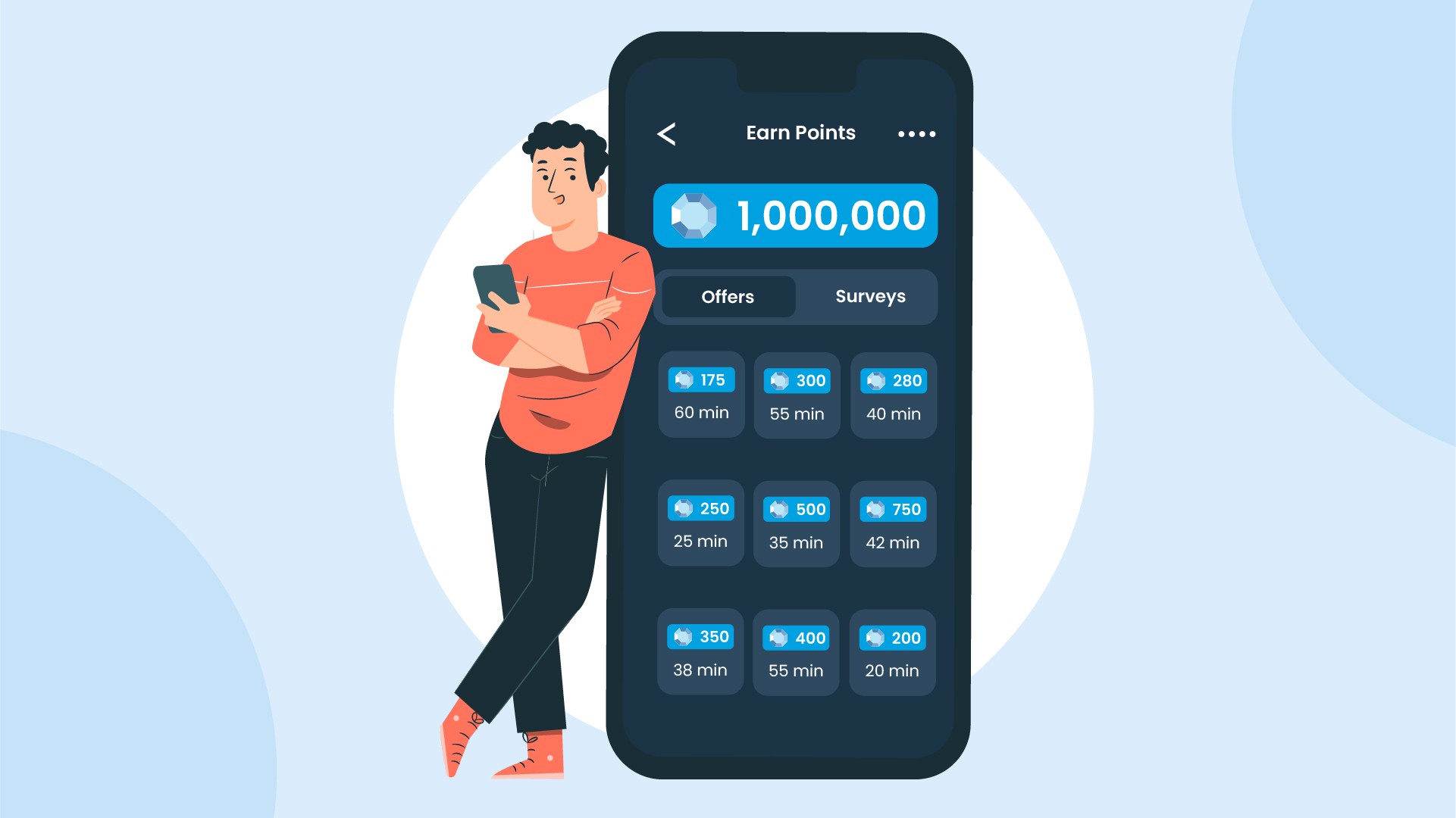 Illustration of a man leaning against a giant smartphone displaying a 1,000,000 point balance in a rewards app interface.