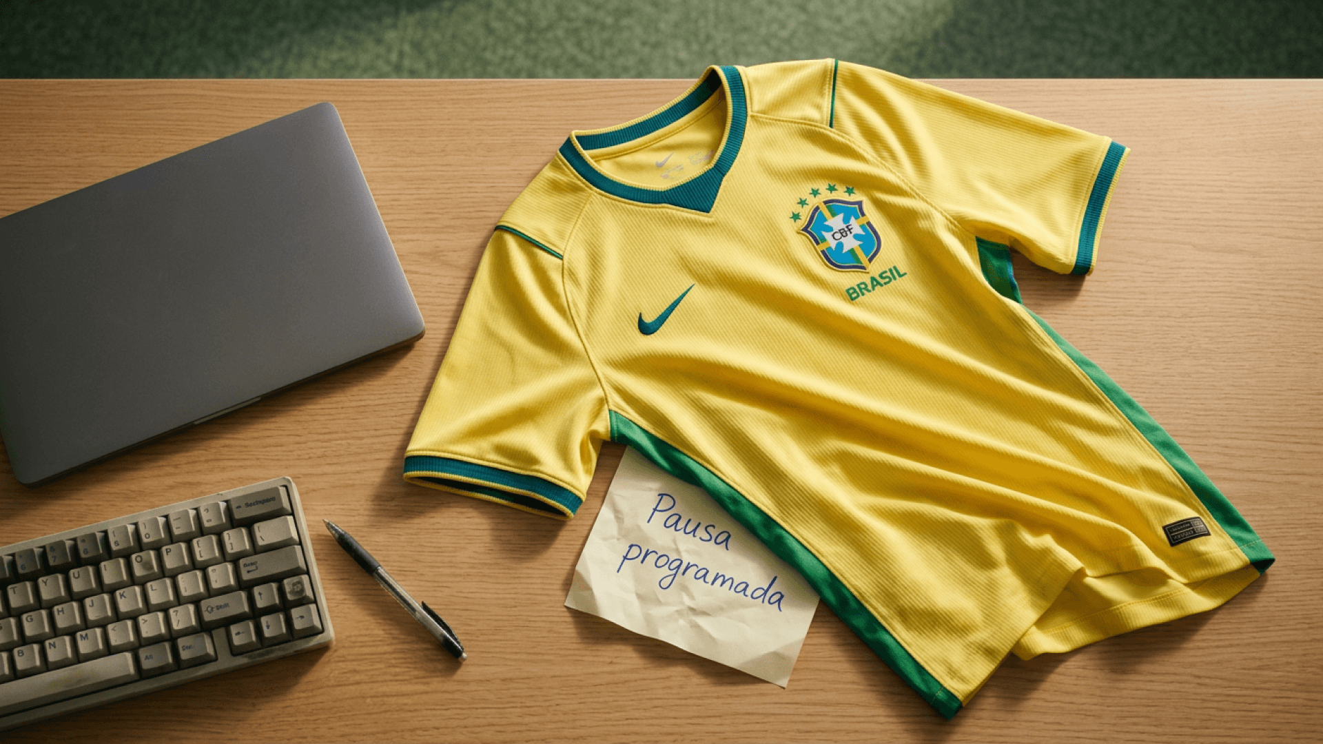 Camisa da seleção brasileira sobre mesa de trabalho, ao lado de um bilhete escrito 'Pausa programada', ilustrando o conceito de organização de agenda para clínicas durante a Copa do Mundo, tema de campanha da Tivita.