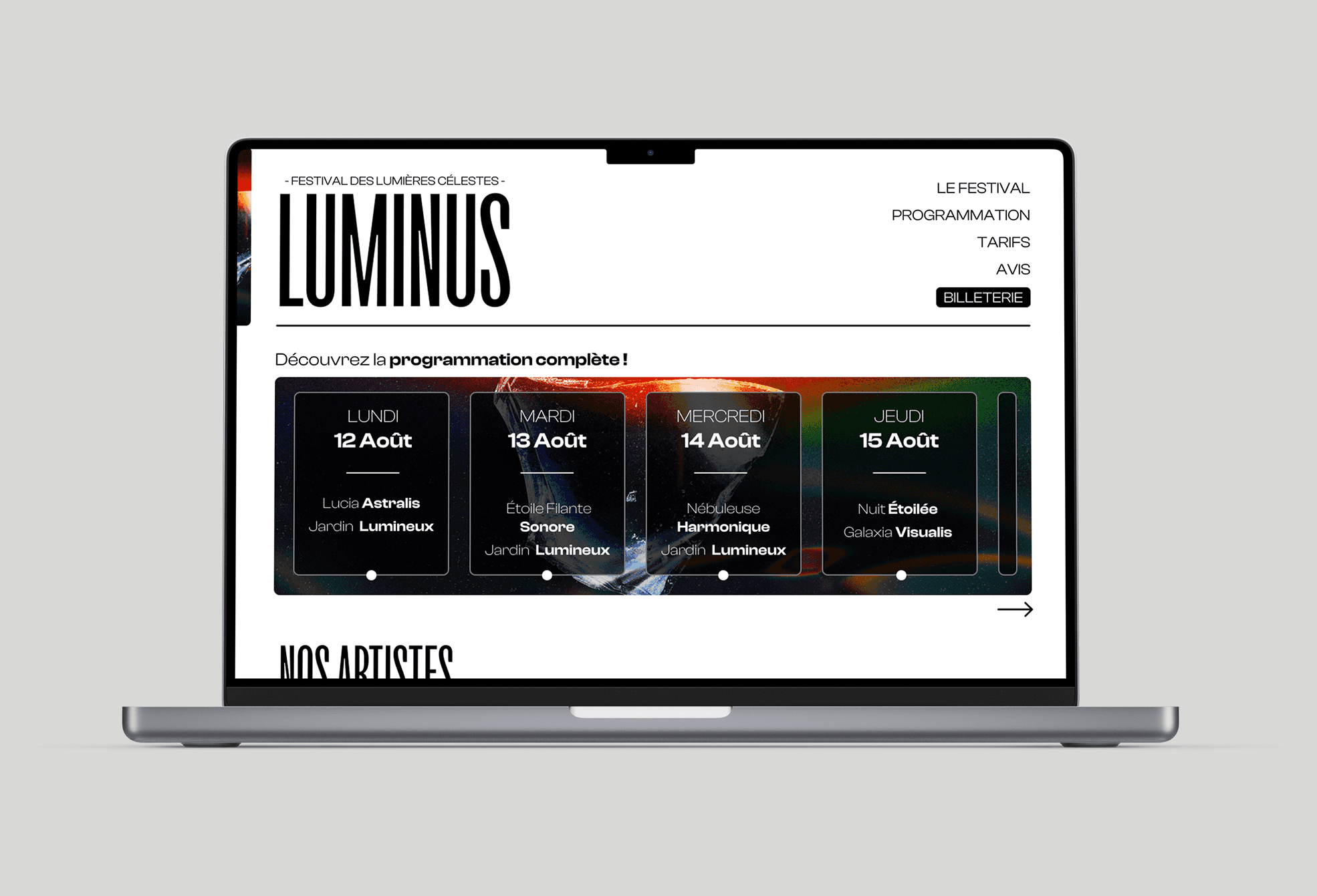 Interface du site web Luminus sur ordinateur, design digital et direction artistique.