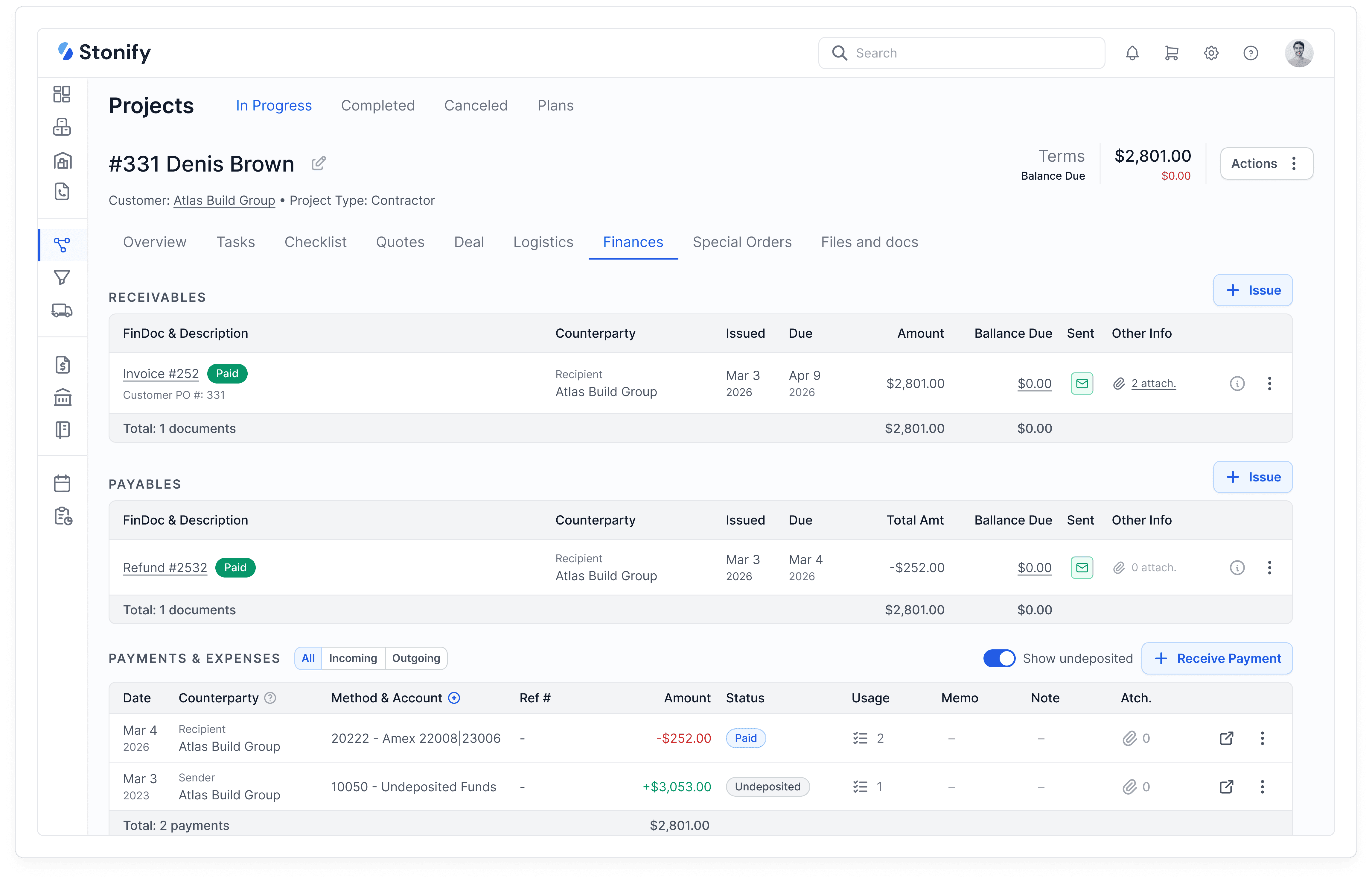 Stonify ERP dashboard showing a stone fabrication project with quotes, fabrication progress, logistics tracking, and job totals.