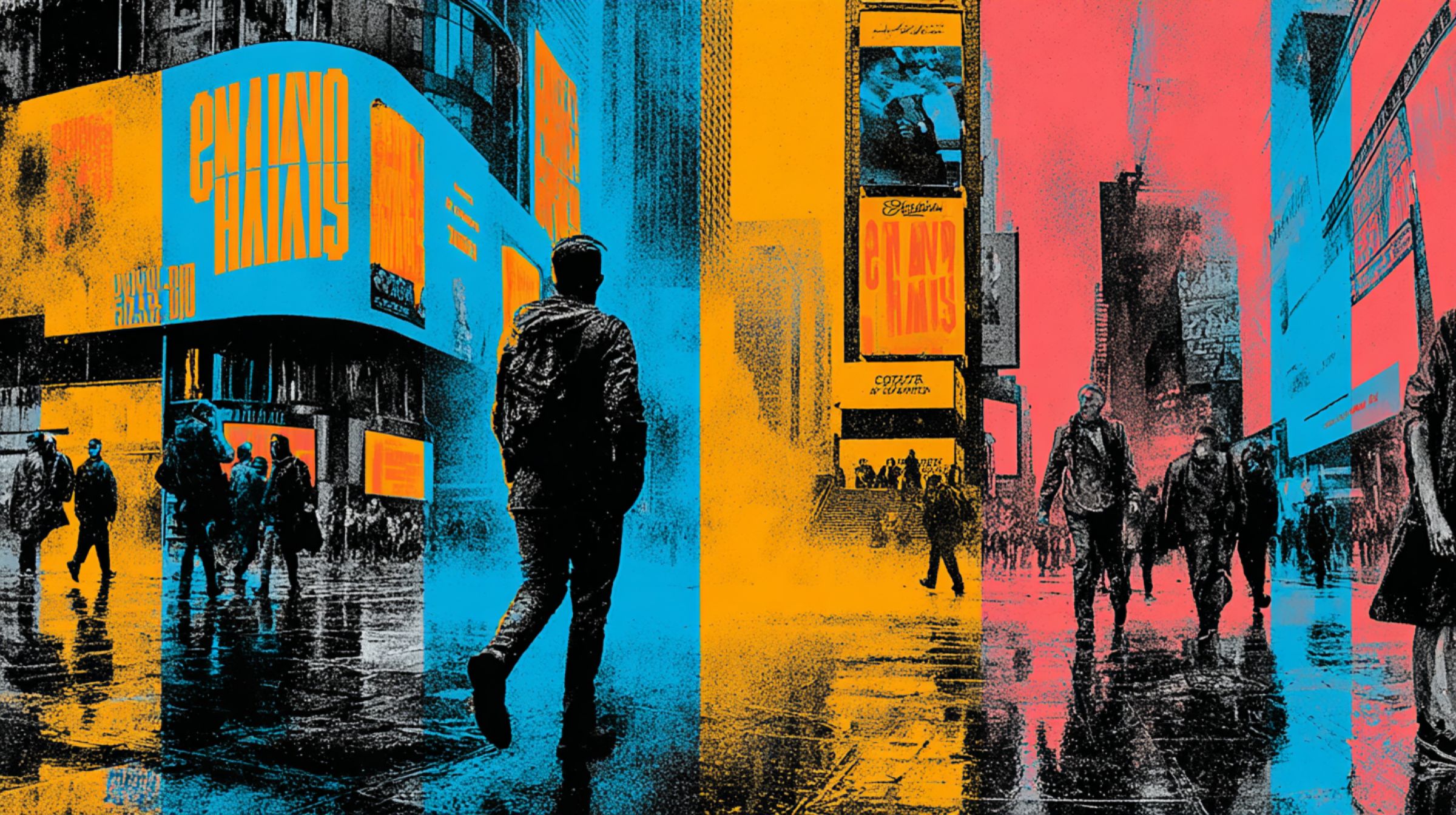 Times Square drenched in cyan, magenta, and gold, strangers walking through a storm of branded emotion.