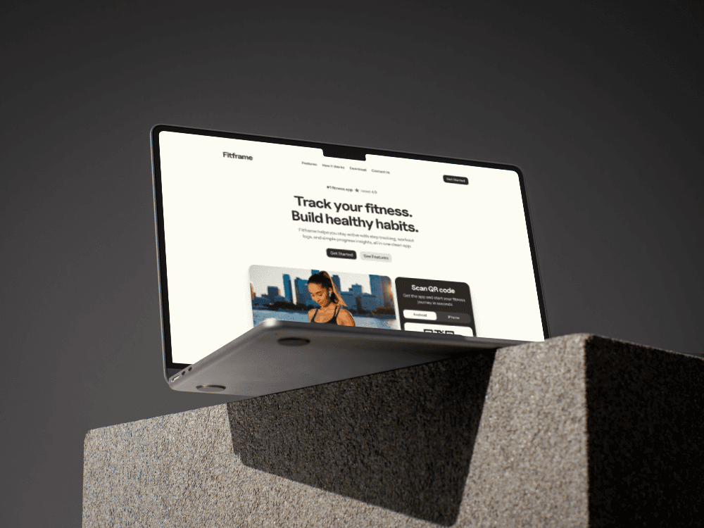 Clean fitness and wellness website template on a laptop, designed for coaches, apps, and healthy lifestyle brands