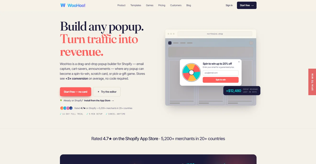 WooHoo homepage showing its Shopify popup builder with a spin-to-win discount wheel and gamified campaign options